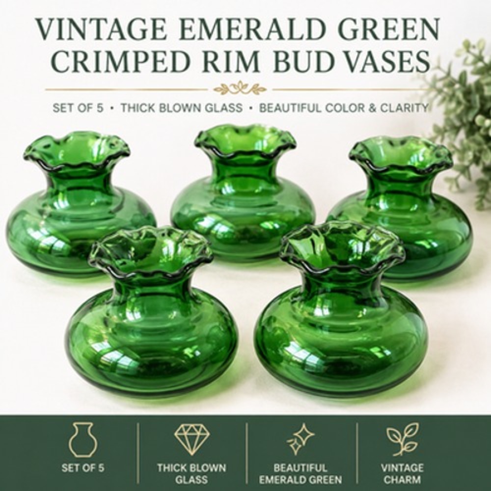 Vintage Emerald Green Art Glass Bud Vases Crimped Rim Set Of 4 Hand Blown